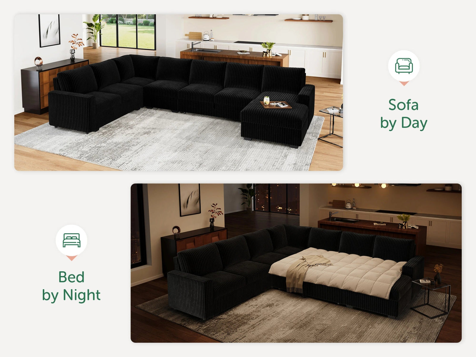 7-Piece Corduroy U-Shaped  Sleeper Sectional
#Color_Wide Corduroy Black