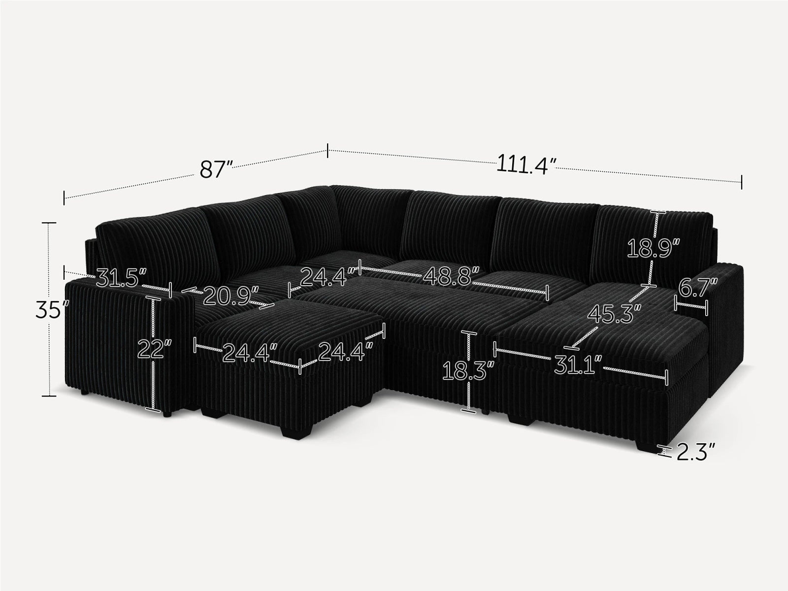 7-Piece Corduroy U-Shaped  Sleeper Sectional  with  Ottoman
#Color_Wide Corduroy Black