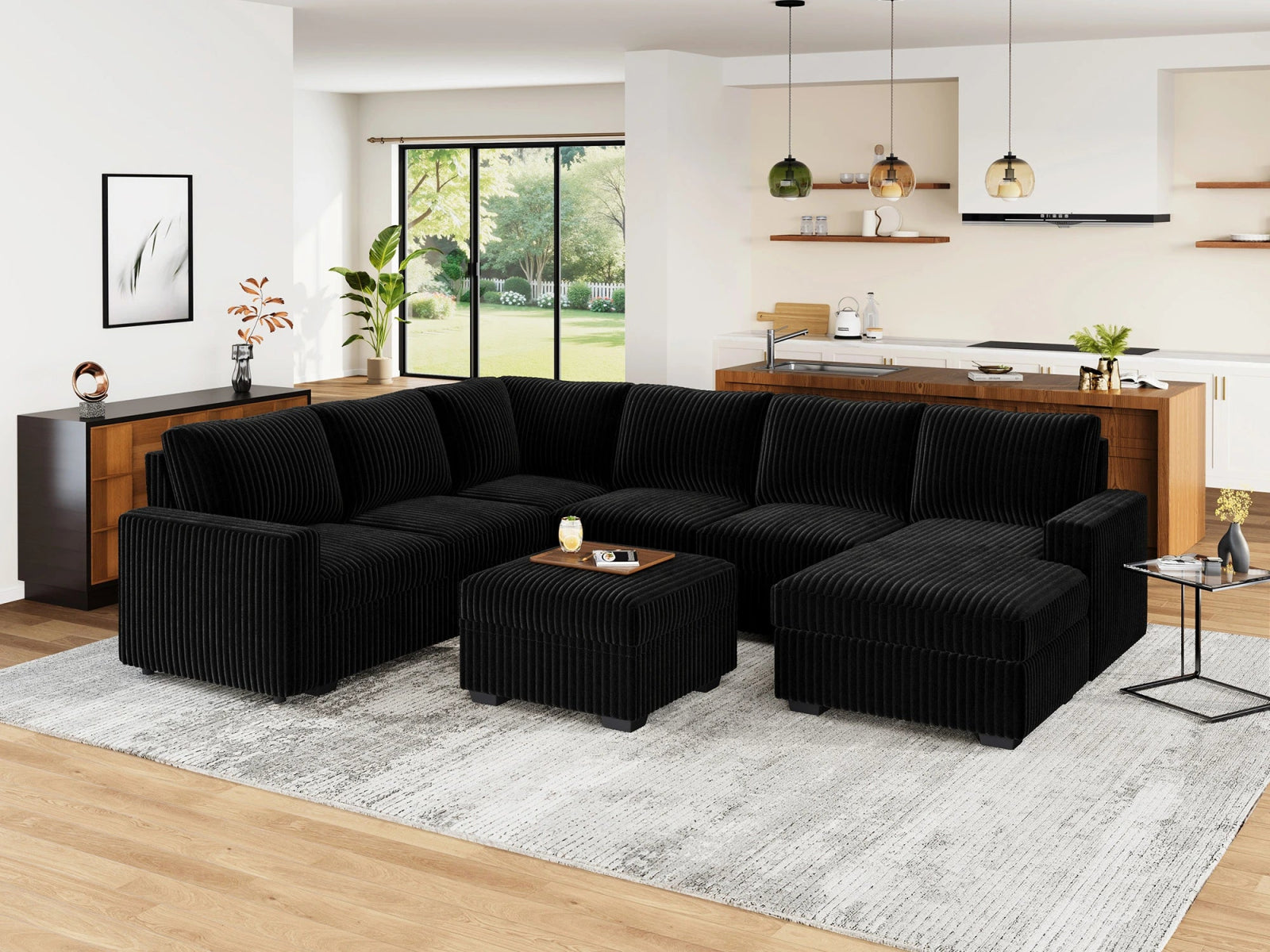 7-Piece Corduroy U-Shaped  Sleeper Sectional  with  Ottoman
#Color_Wide Corduroy Black