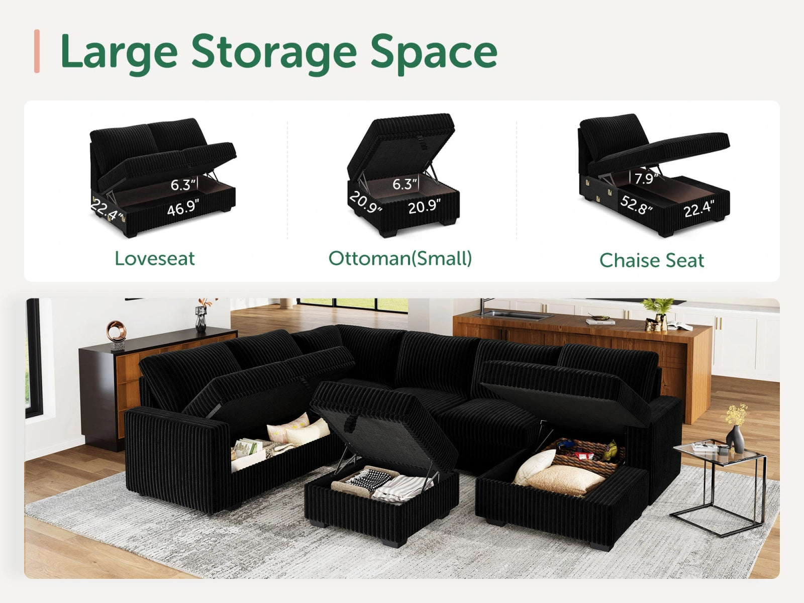 7-Piece Corduroy U-Shaped  Sleeper Sectional  with  Ottoman
#Color_Wide Corduroy Black