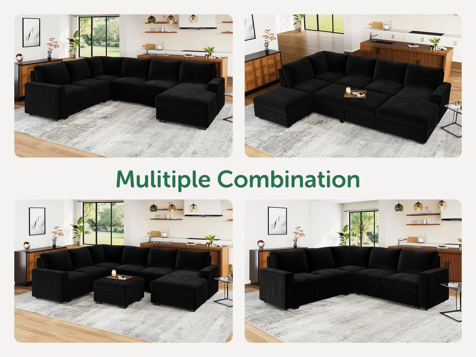 6-Piece Corduroy U-Shaped  Sleeper Sectional
#Color_Wide Corduroy Black