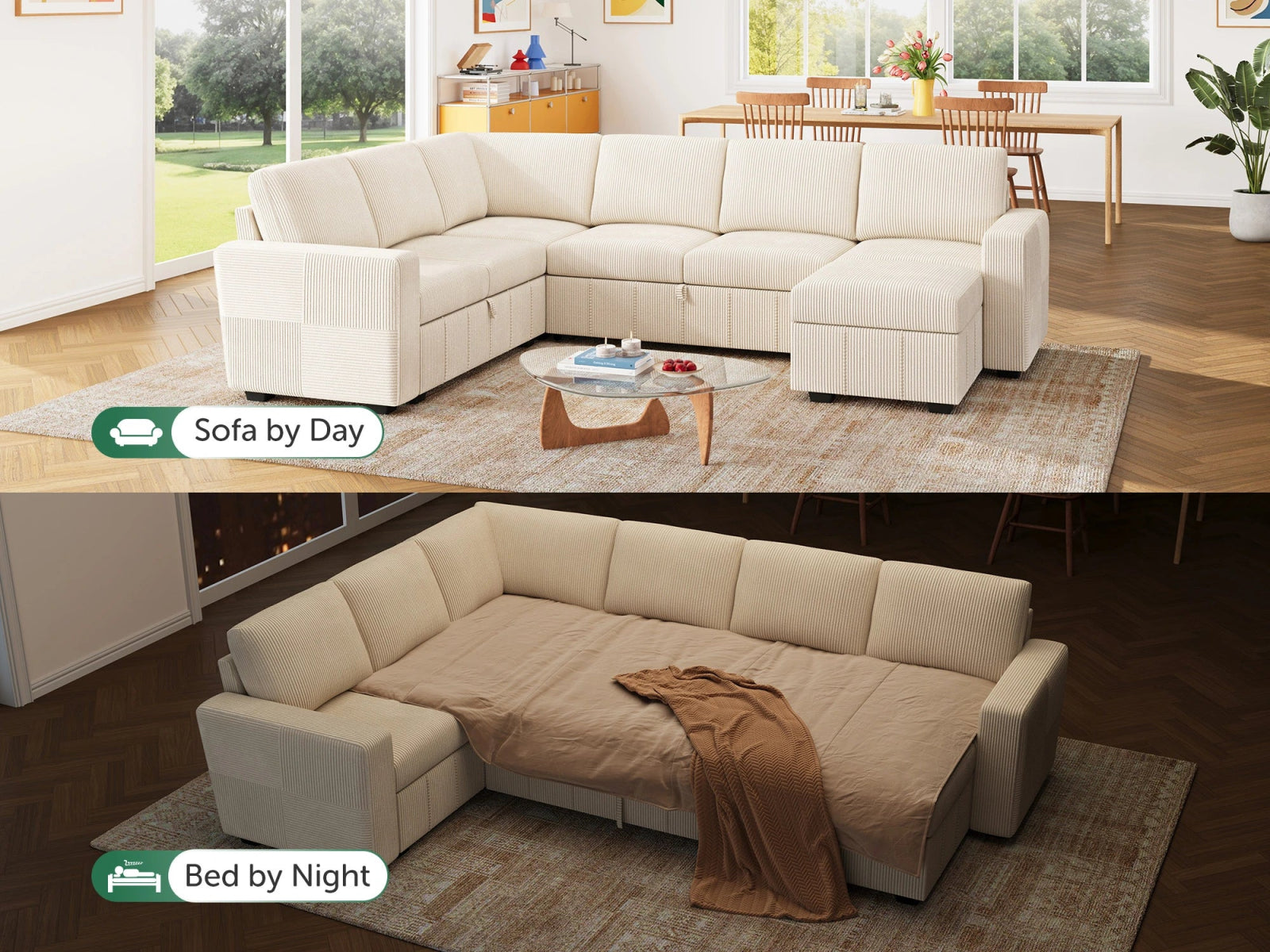 7-Piece Corduroy U-Shaped  Sleeper Sectional 
#Color_Corduroy Beige