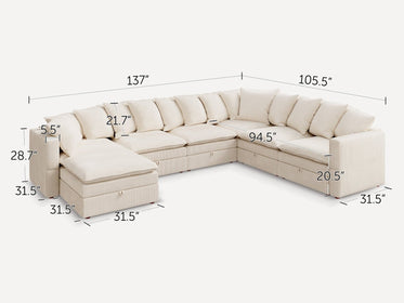 HONBAY 7-Piece Plush double-layer Cushion Corduroy Modular U-Shaped Sectional Cloud Sofa
#Color_Corduroy Beige