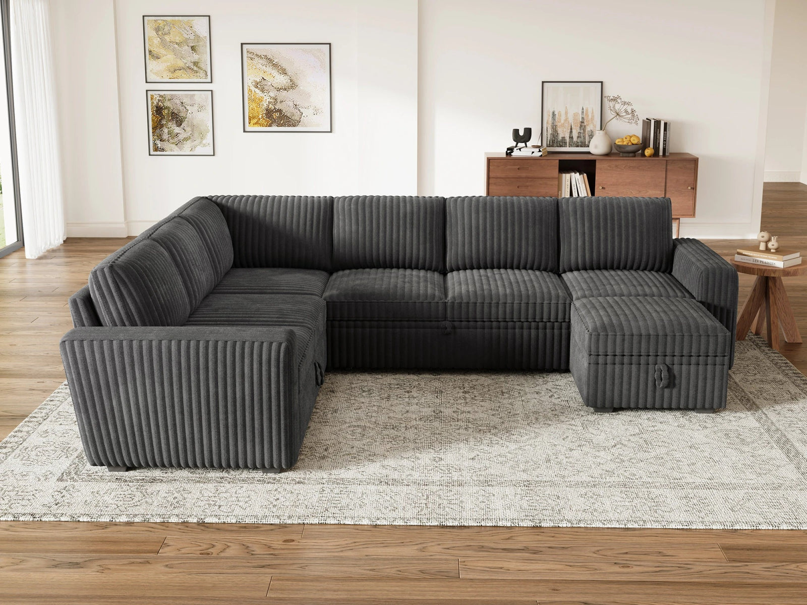 7-Piece Wide Plush Corduroy Modular Sleeper
 #Color_Gray
