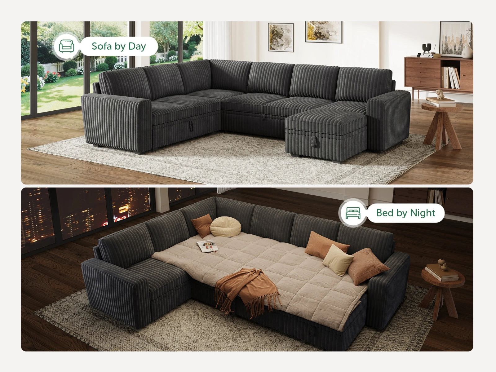 7-Piece Wide Plush Corduroy Modular Sleeper
 #Color_Gray