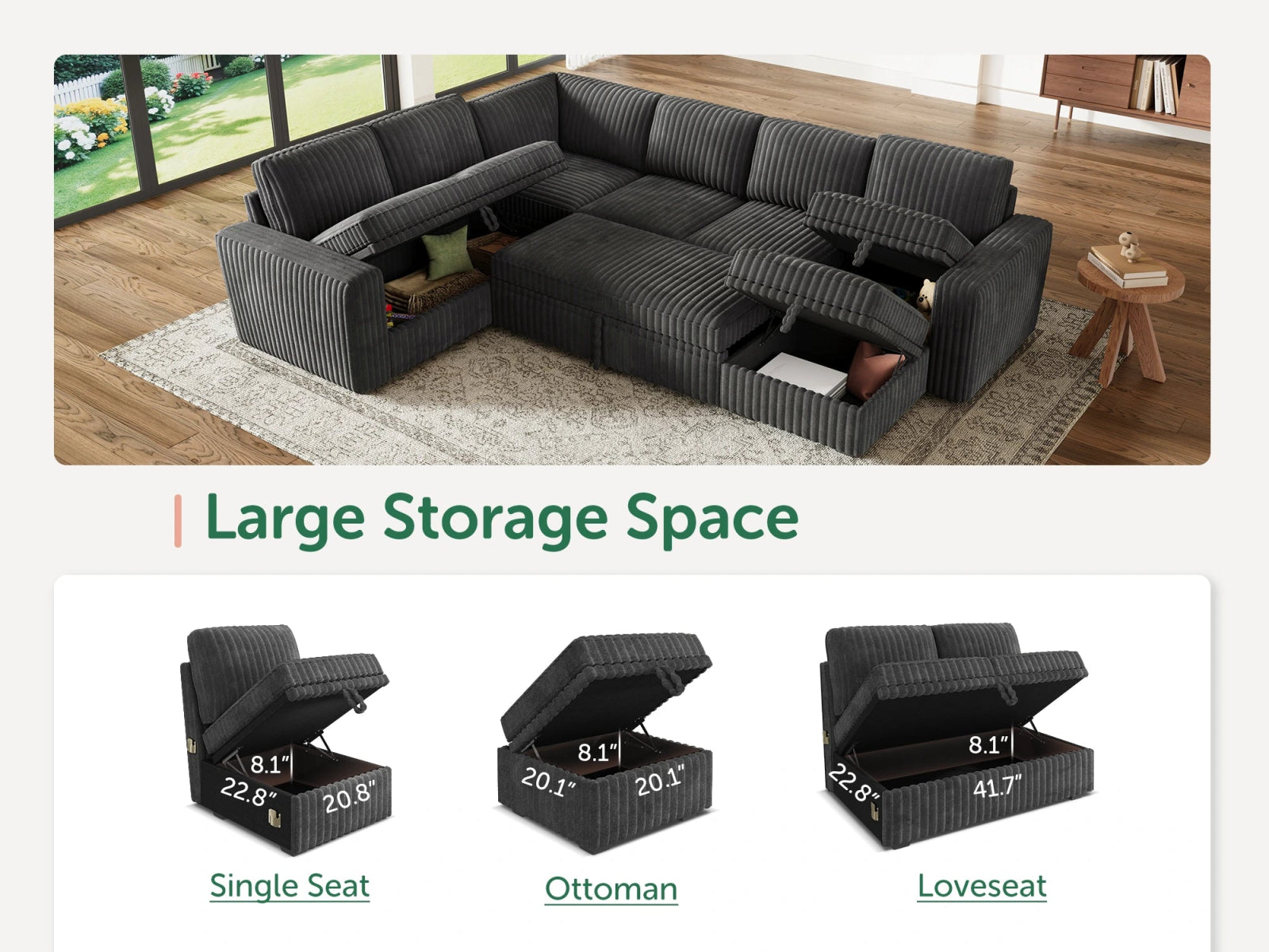7-Piece Wide Plush Corduroy Modular Sleeper
 #Color_Gray
