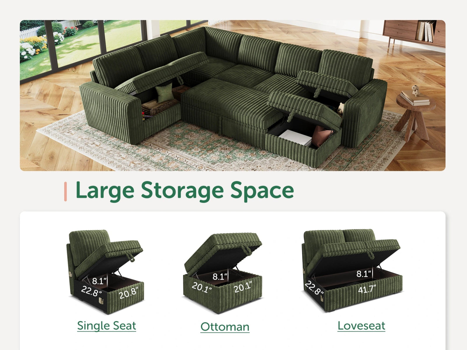 7-Piece Wide Plush Corduroy Modular Sleeper
 #Color_Green