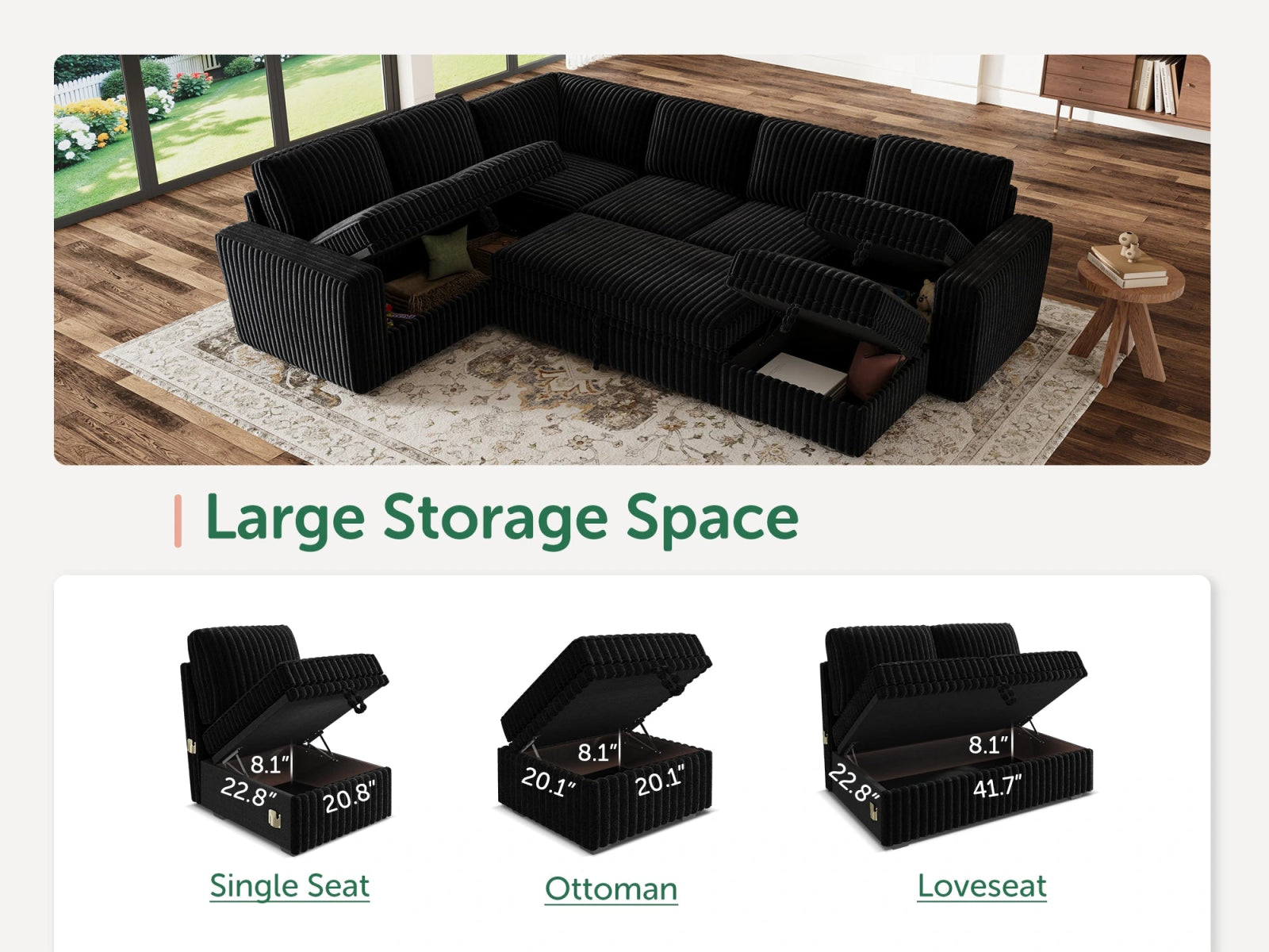 7-Piece Wide Plush Corduroy Modular Sleeper
 #Color_Black
