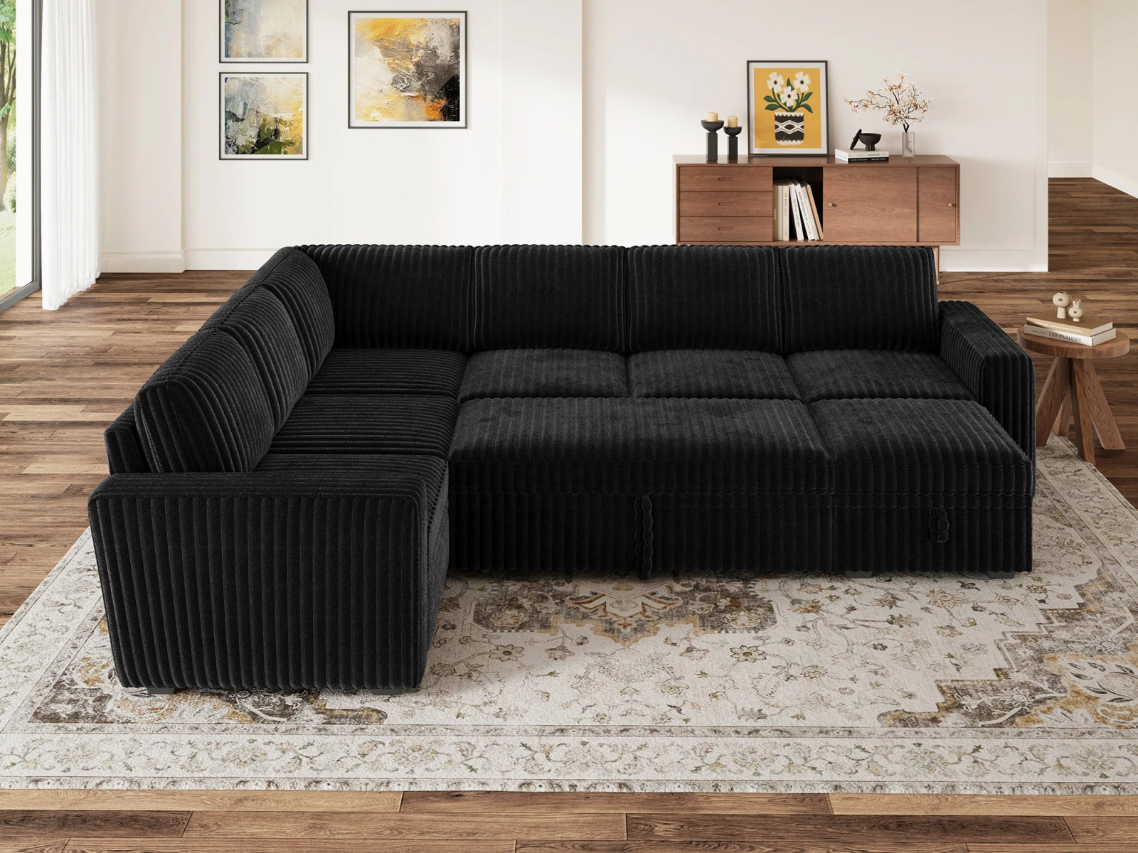 7-Piece Wide Plush Corduroy Modular Sleeper
 #Color_Black