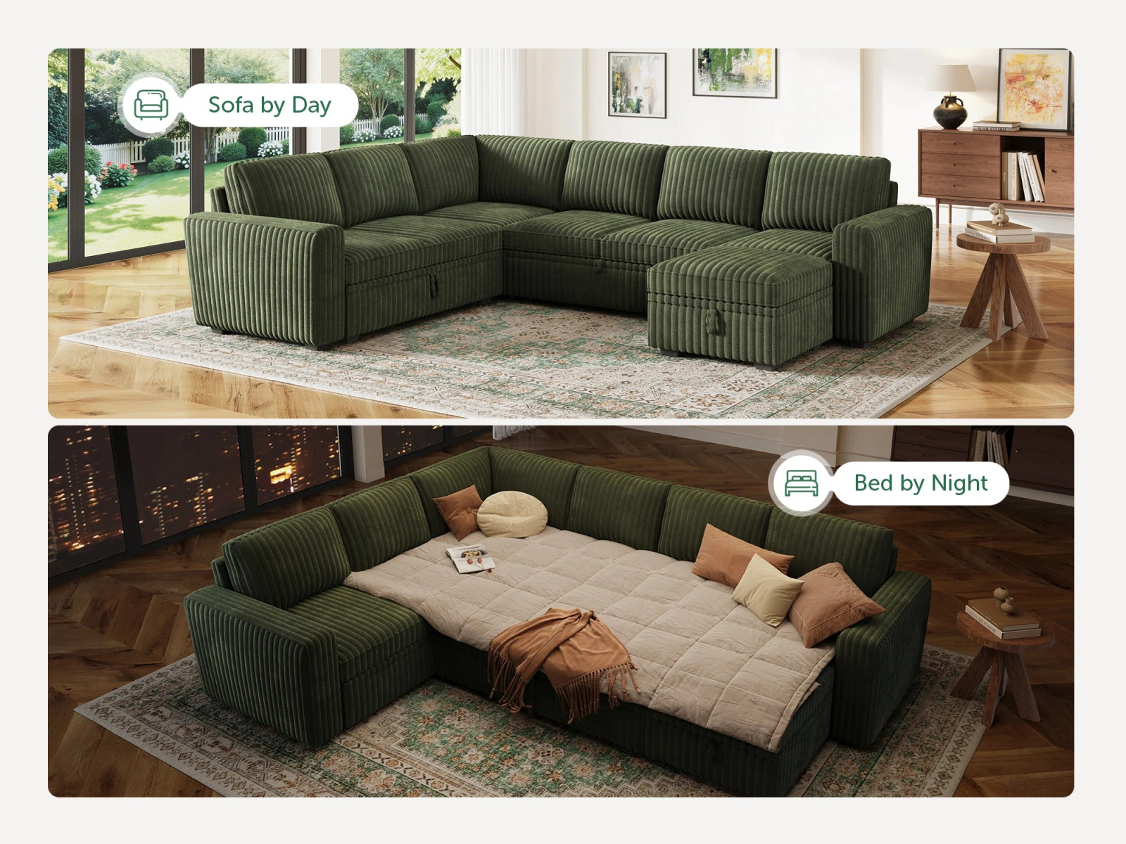 7-Piece Wide Plush Corduroy Modular Sleeper
 #Color_Green