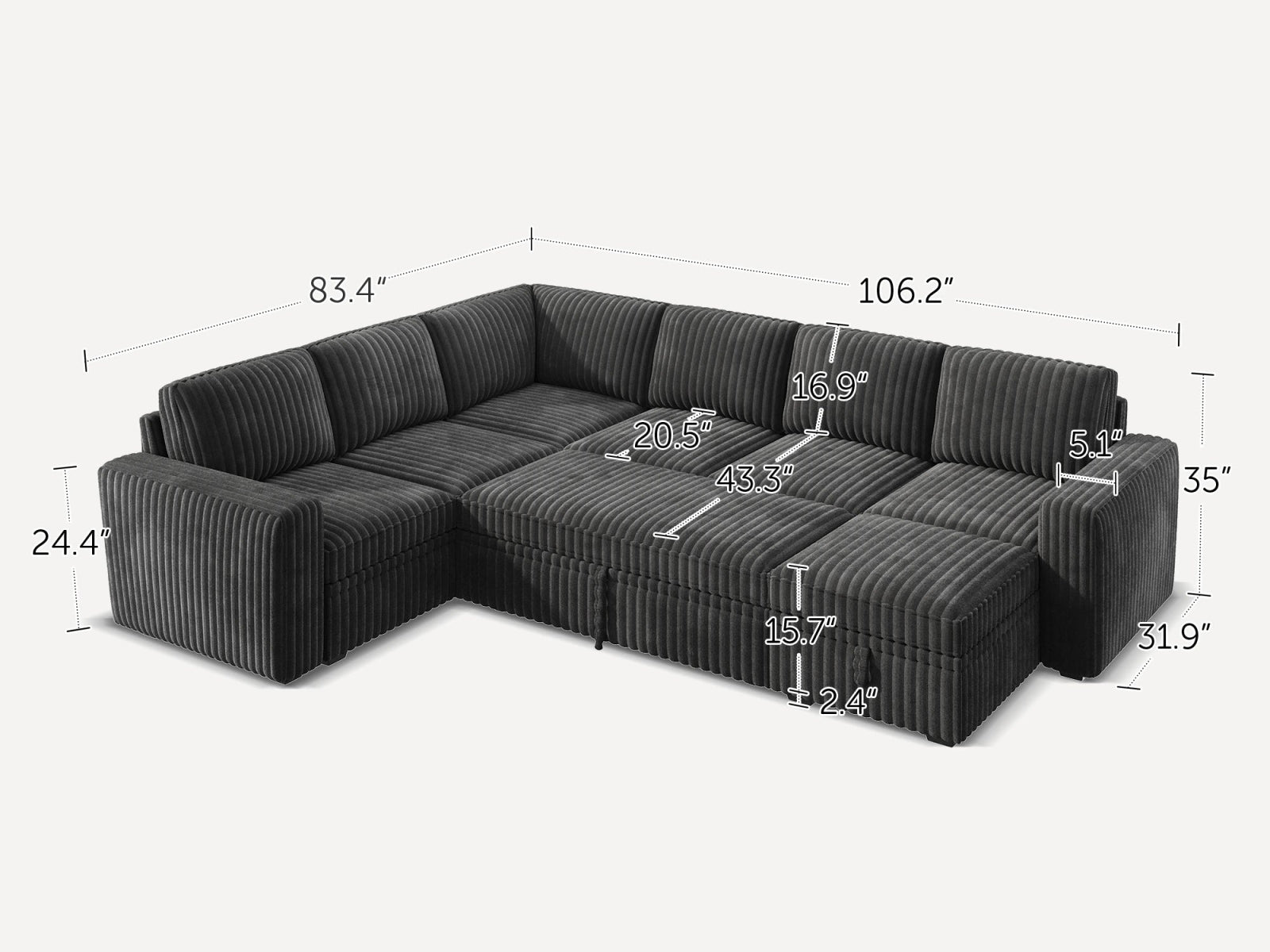 7-Piece Wide Plush Corduroy Modular Sleeper
 #Color_Gray