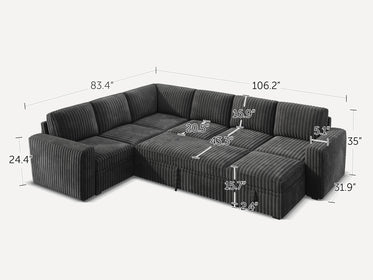 7-Piece Wide Plush Corduroy Modular Sleeper
 #Color_Gray