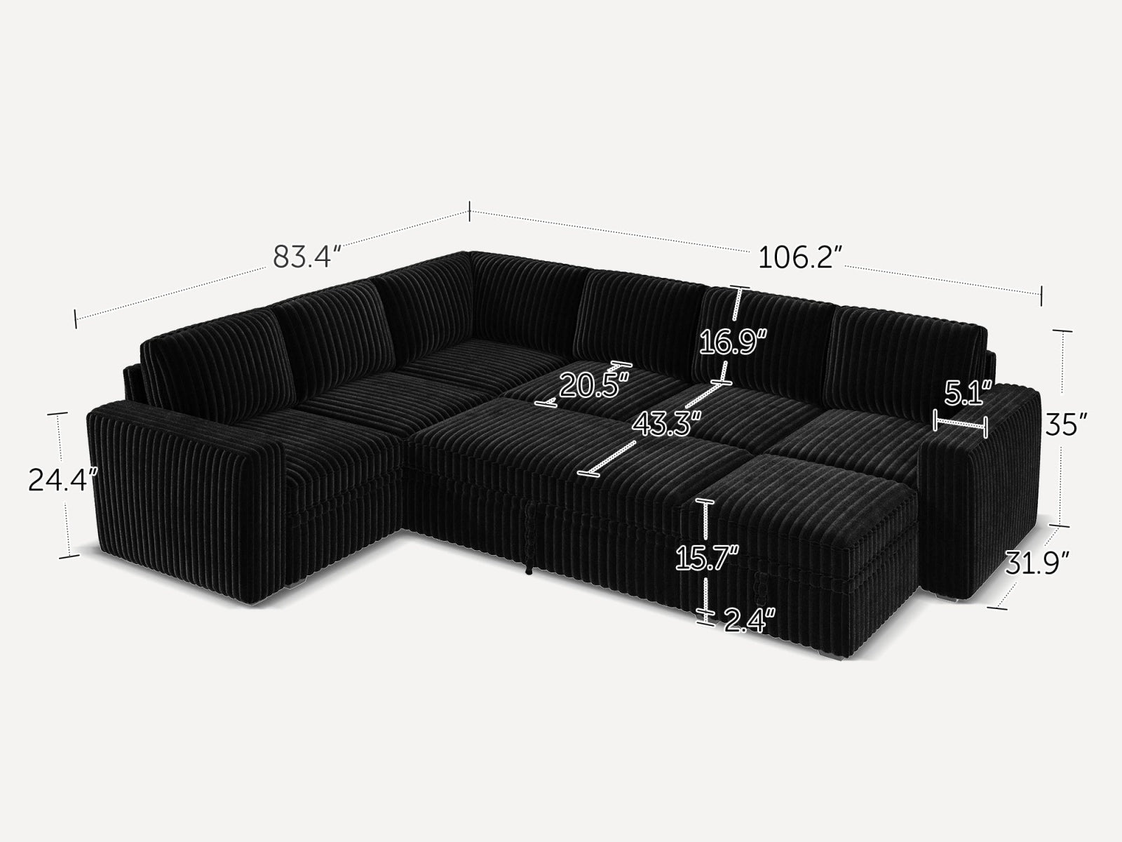 7-Piece Wide Plush Corduroy Modular Sleeper
 #Color_Black