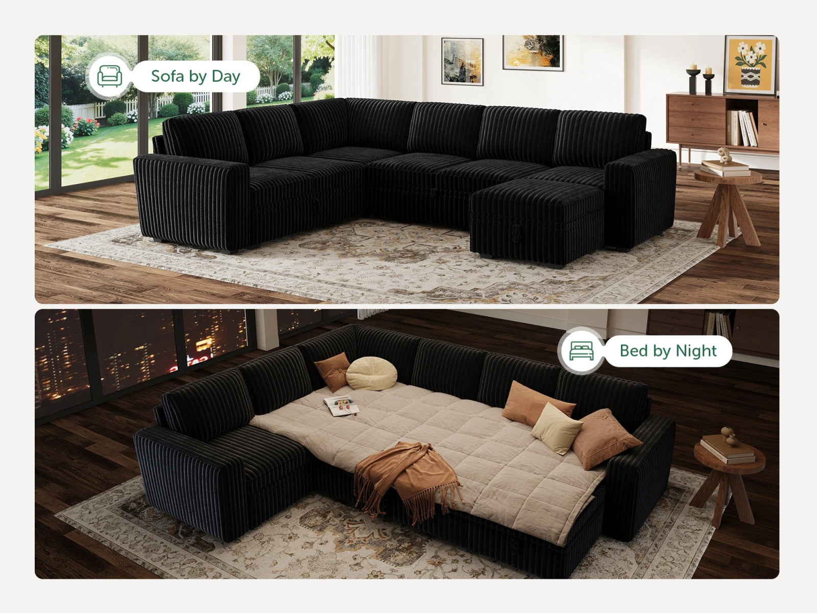 7-Piece Wide Plush Corduroy Modular Sleeper
 #Color_Corduroy Black
