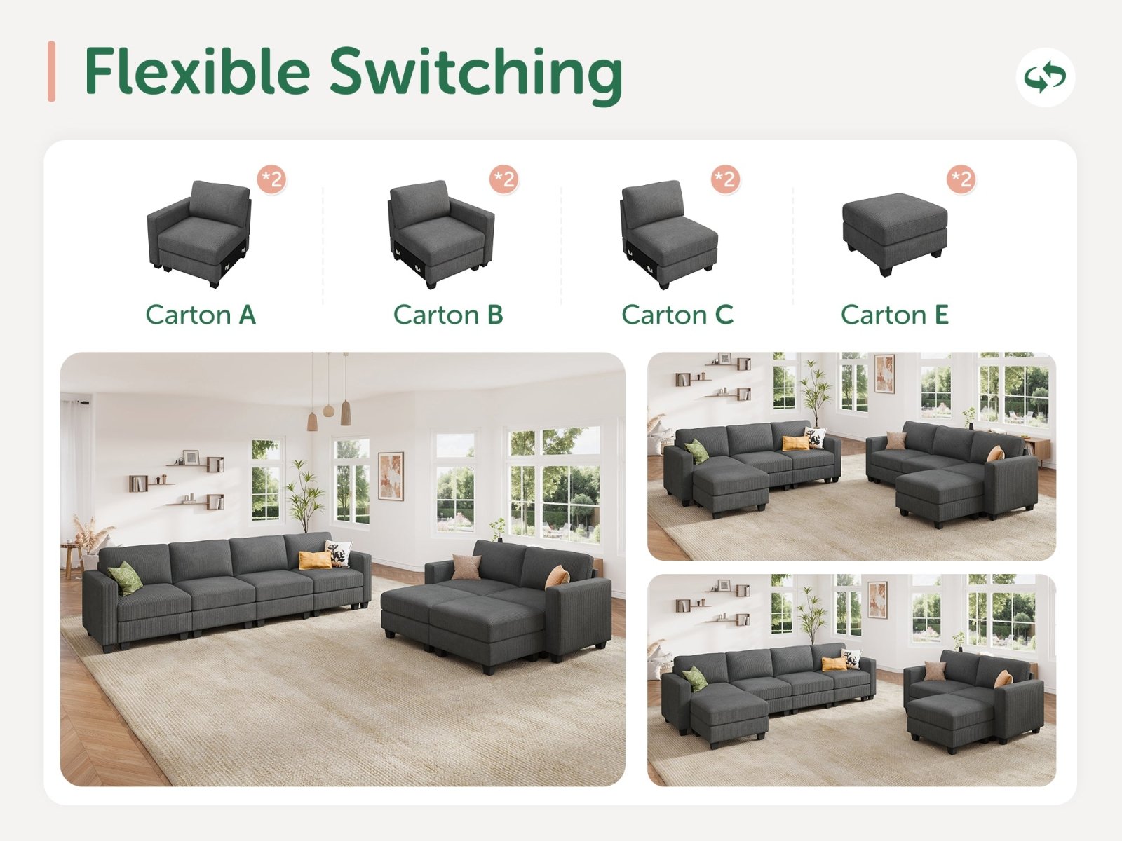 HONBAY 8-Piece Corduroy Modular Sleeper Sectional Sofa With Hidden Storage Ottoman
#Color_Corduroy Grey