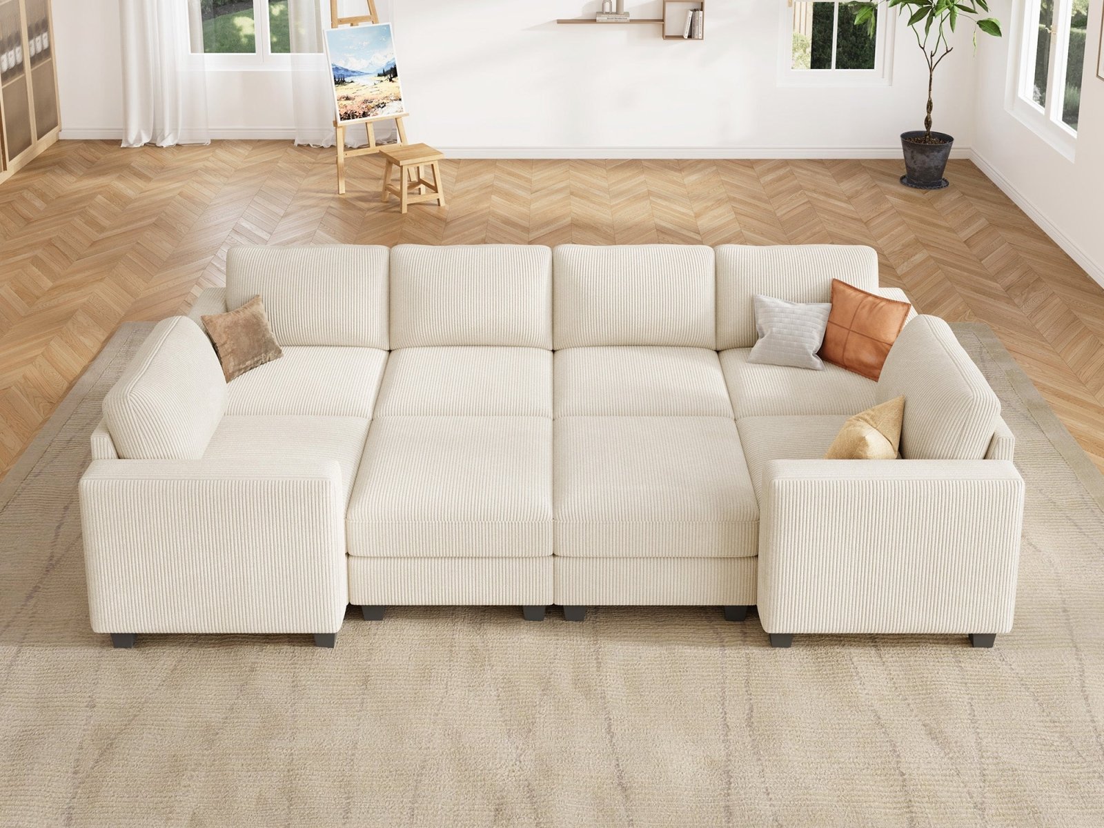HONBAY 8-Piece Corduroy Modular Sleeper Sectional Sofa With Hidden Storage Ottoman
#Color_Corduroy Beige