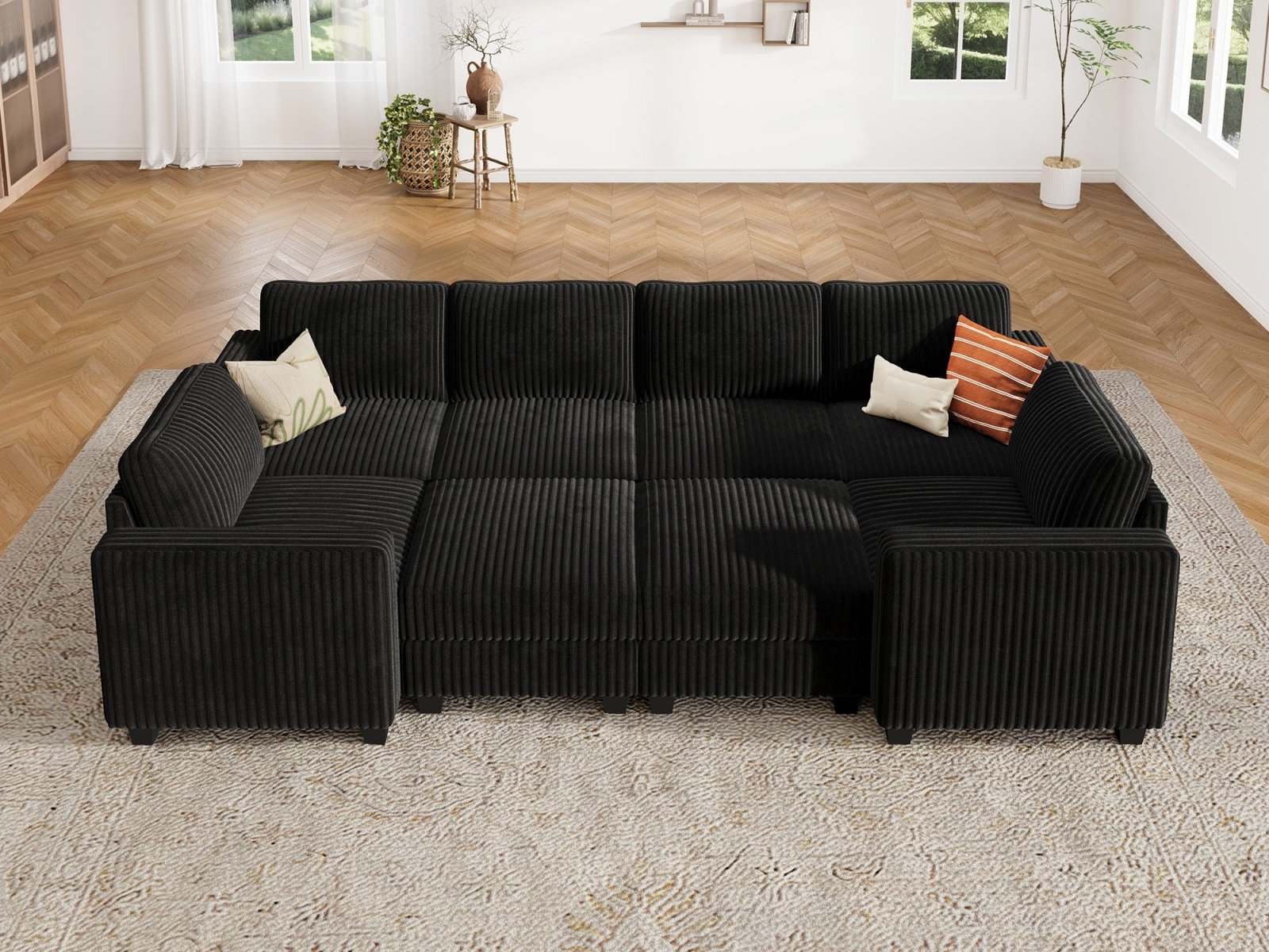 HONBAY 8-Piece Corduroy Modular Sleeper Sectional Sofa With Hidden Storage Ottoman
#Color_Corduroy Black