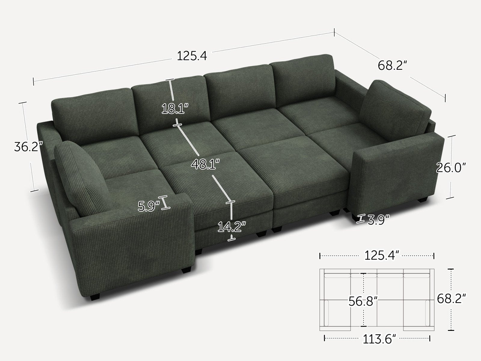 HONBAY 8-Piece Corduroy Modular Sleeper Sectional Sofa With Hidden Storage Ottoman
#Color_Corduroy Green