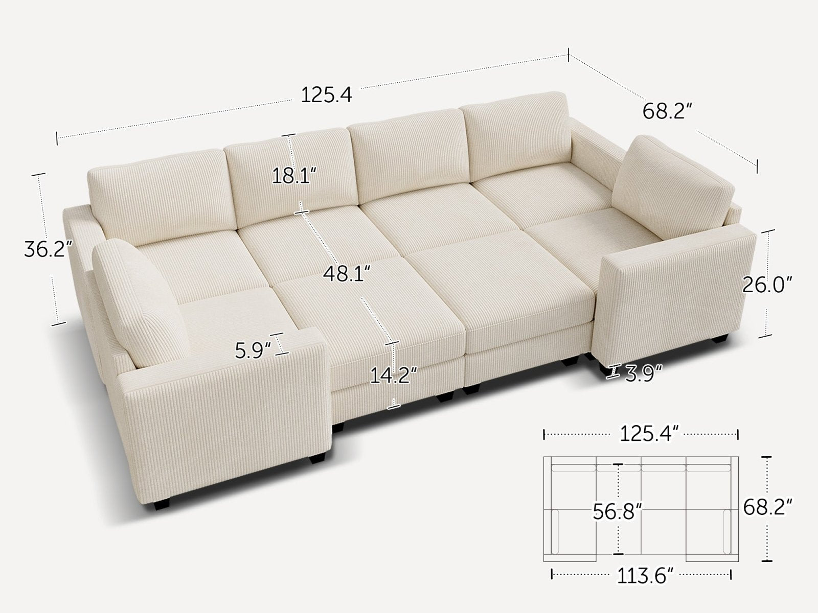 HONBAY 8-Piece Corduroy Modular Sleeper Sectional Sofa With Hidden Storage Ottoman
#Color_Corduroy Beige