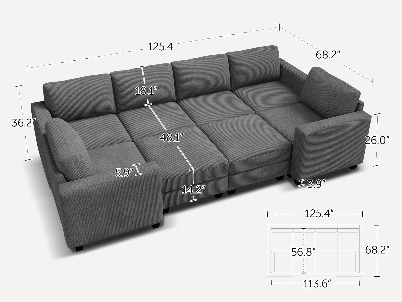 HONBAY 8-Piece Corduroy Modular Sleeper Sectional Sofa With Hidden Storage Ottoman
#Color_Corduroy Grey