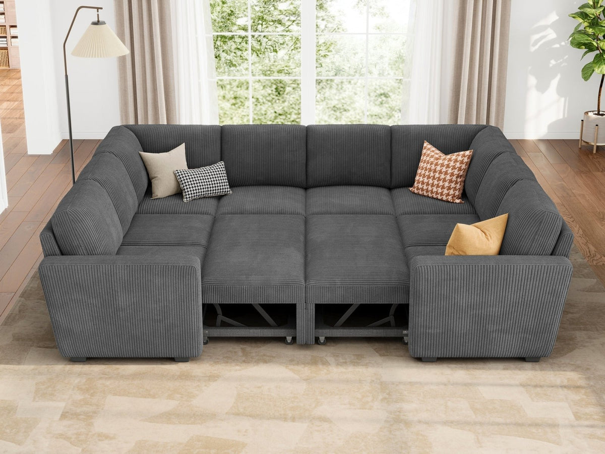 HONBAY 8-Piece Corduroy Modular Sleeper Sectional Sofa With 2 Storage ...