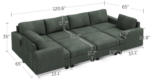 8-Piece Corduroy Modular Sleeper Sectional With Storage Ottoman With Dimensions
#Color_Corduroy Green