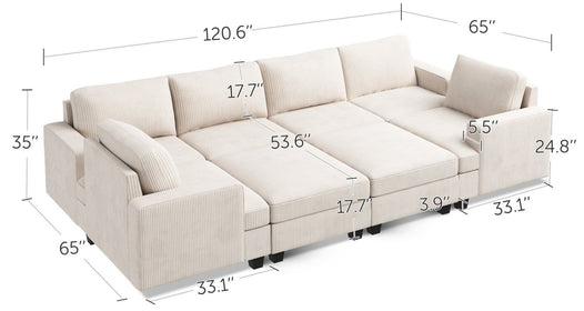 8-Piece Corduroy Modular Sleeper Sectional With Storage Ottoman With Dimensions
#Color_Corduroy Beige