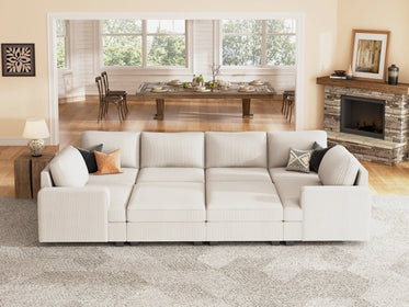 HONBAY 8-Piece Corduroy Modular Sleeper Sectional With Storage Ottoman #Color_Corduroy Beige