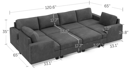 8-Piece Corduroy Modular Sleeper Sectional With Storage Ottoman With Dimensions
#Color_Corduroy Grey