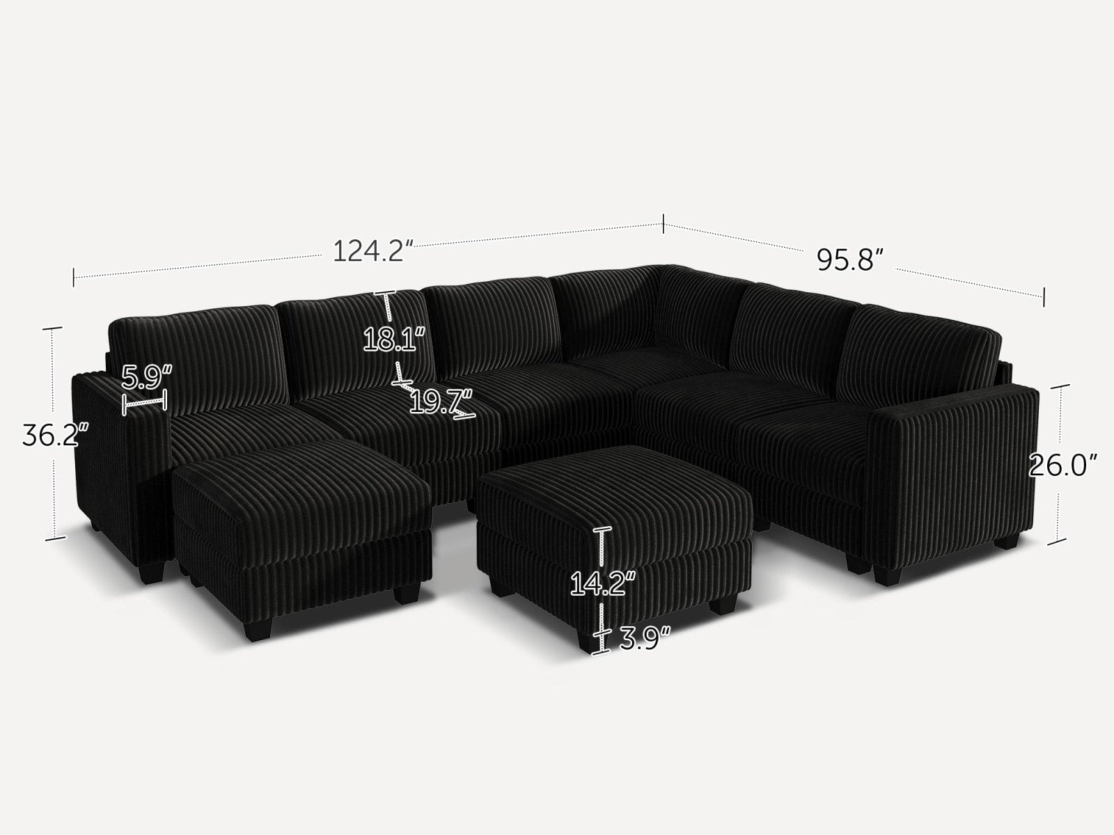 HONBAY 8-Piece Corduroy Modular U-Shaped Sectional Sofa With  2 Hidden Storage Ottoman
#Color_Corduroy Black
