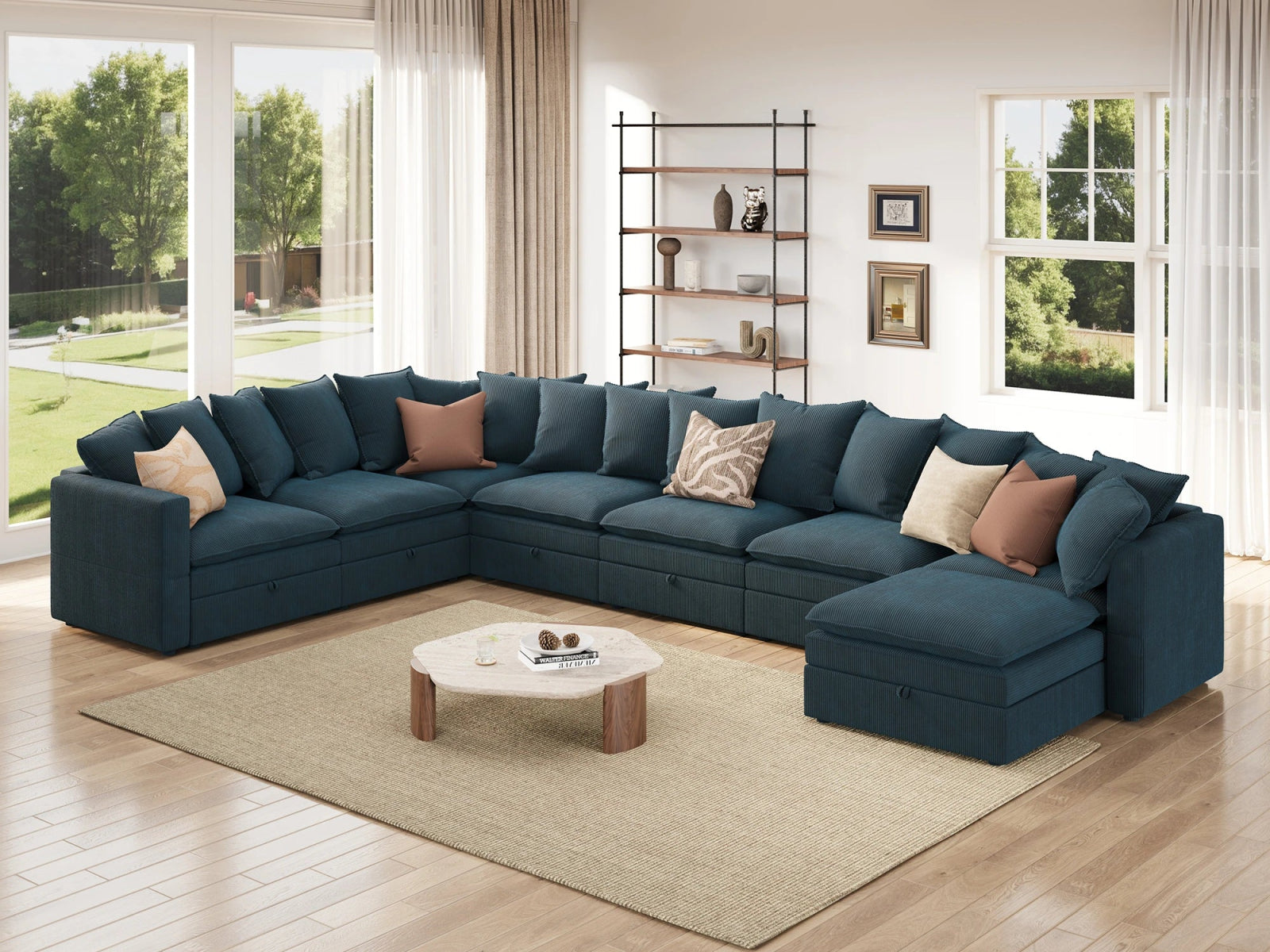 HONBAY 8-Piece Plush double-layer Cushion Corduroy Modular U-Shaped Sectional Cloud Sofa
#Color_Corduroy Blue 