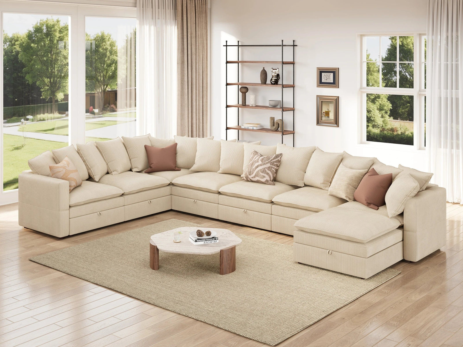 HONBAY 8-Piece Plush double-layer Cushion Corduroy Modular U-Shaped Sectional Cloud Sofa
#Color_Corduroy Beige