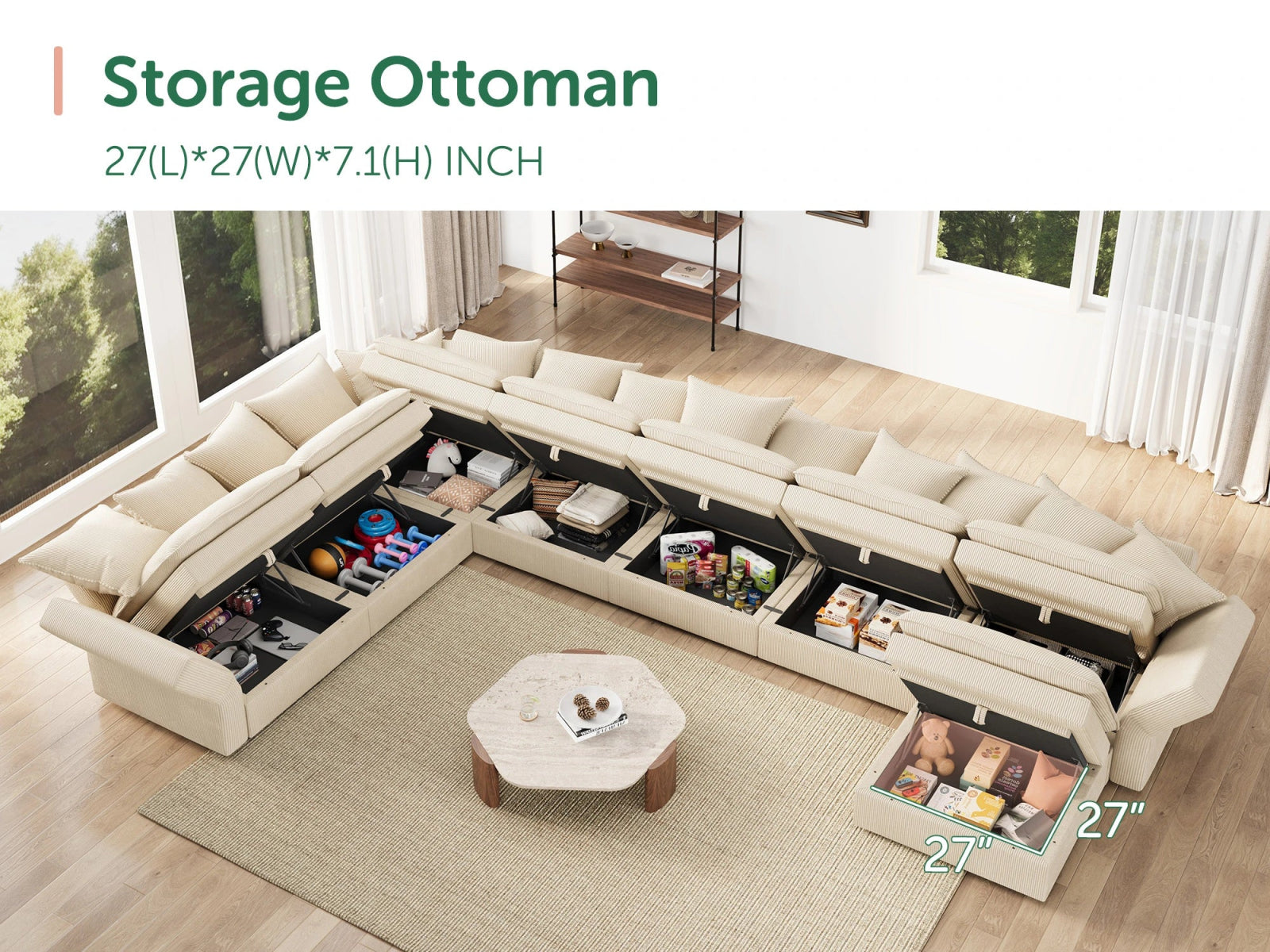 HONBAY 8-Piece Plush double-layer Cushion Corduroy Modular U-Shaped Sectional Cloud Sofa
#Color_Corduroy Beige