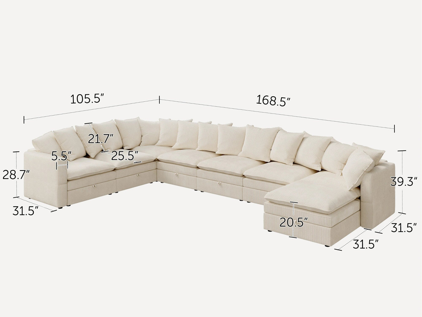 HONBAY 8-Piece Plush double-layer Cushion Corduroy Modular U-Shaped Sectional Cloud Sofa
#Color_Corduroy Beige