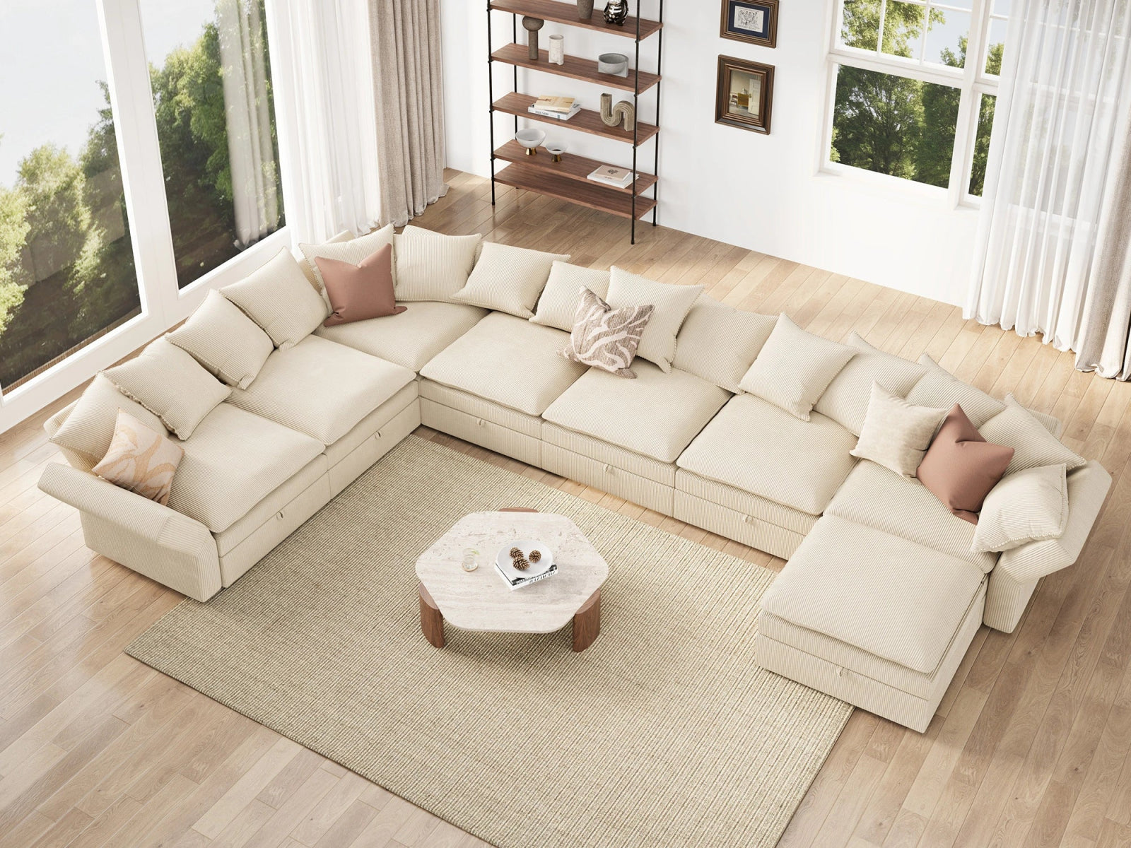 HONBAY 8-Piece Plush double-layer Cushion Corduroy Modular U-Shaped Sectional Cloud Sofa
#Color_Corduroy Beige
