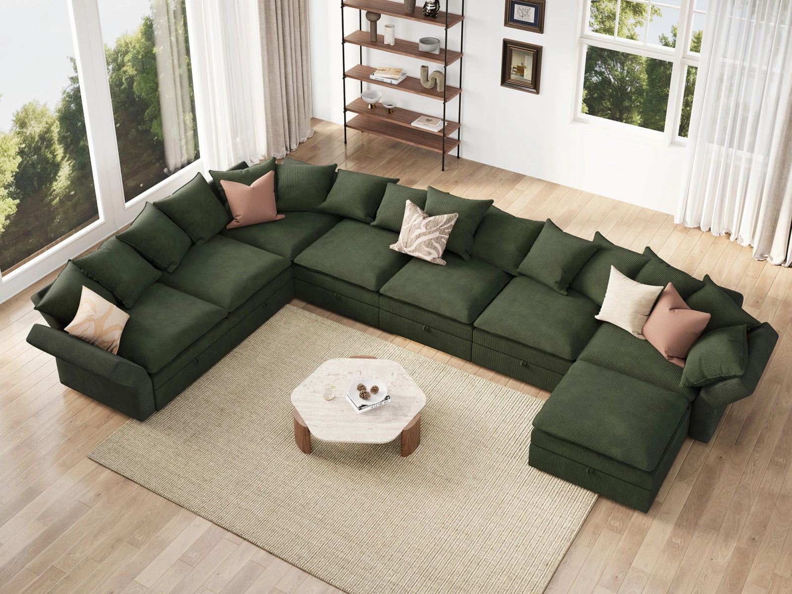 HONBAY 8-Piece Plush double-layer Cushion Corduroy Modular U-Shaped Sectional Cloud Sofa
#Color_Corduroy Green 
