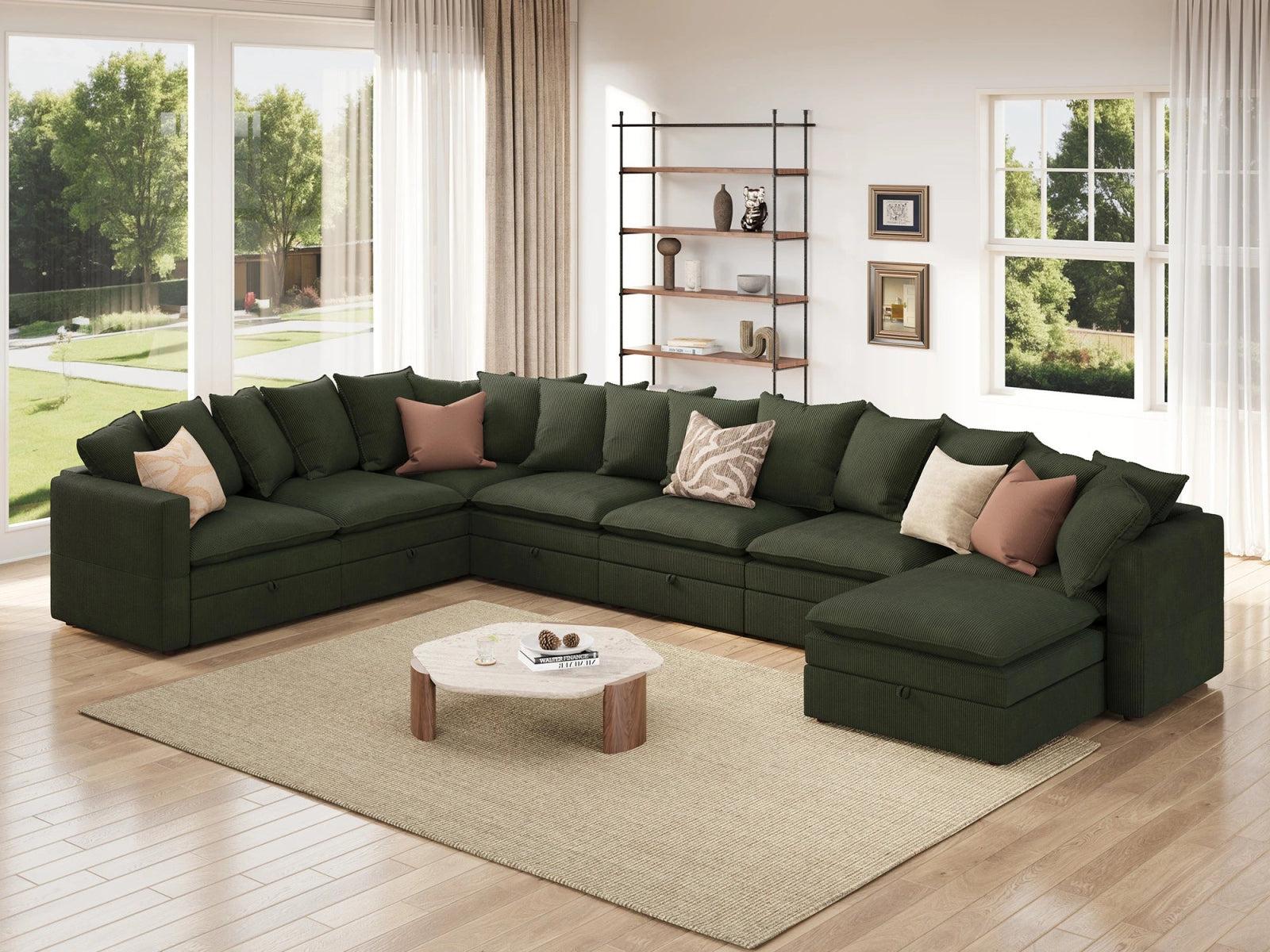 HONBAY 8-Piece Plush double-layer Cushion Corduroy Modular U-Shaped Sectional Cloud Sofa
#Color_Corduroy Green 