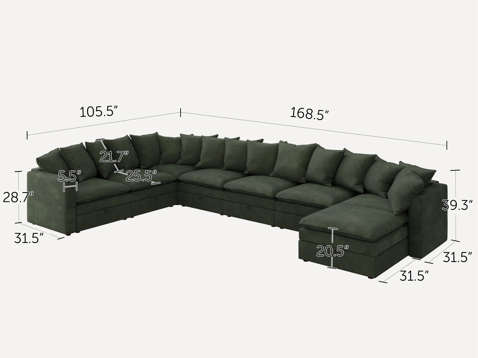 HONBAY 8-Piece Plush double-layer Cushion Corduroy Modular U-Shaped Sectional Cloud Sofa
#Color_Corduroy Green 