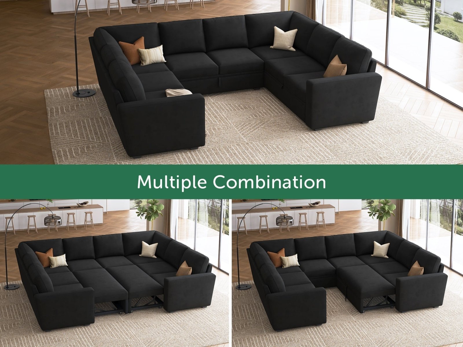 HONBAY 8-Piece Velvet Modular Sleeper Sectional With 2 Storage Spaces #Color_Black Style I