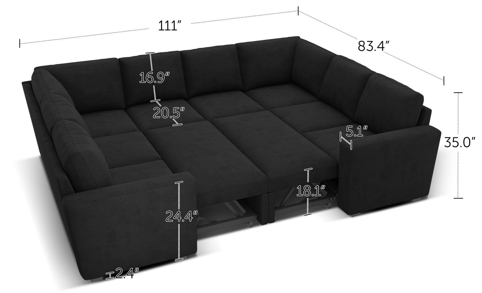 HONBAY 8-Piece Velvet Modular Sleeper Sectional With 2 Storage Spaces With Dimensions
 #Color_Black Style I