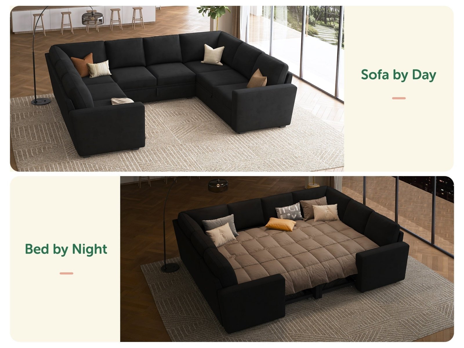 HONBAY 8-Piece Velvet Modular Sleeper Sectional With 2 Storage Spaces #Color_Black Style I