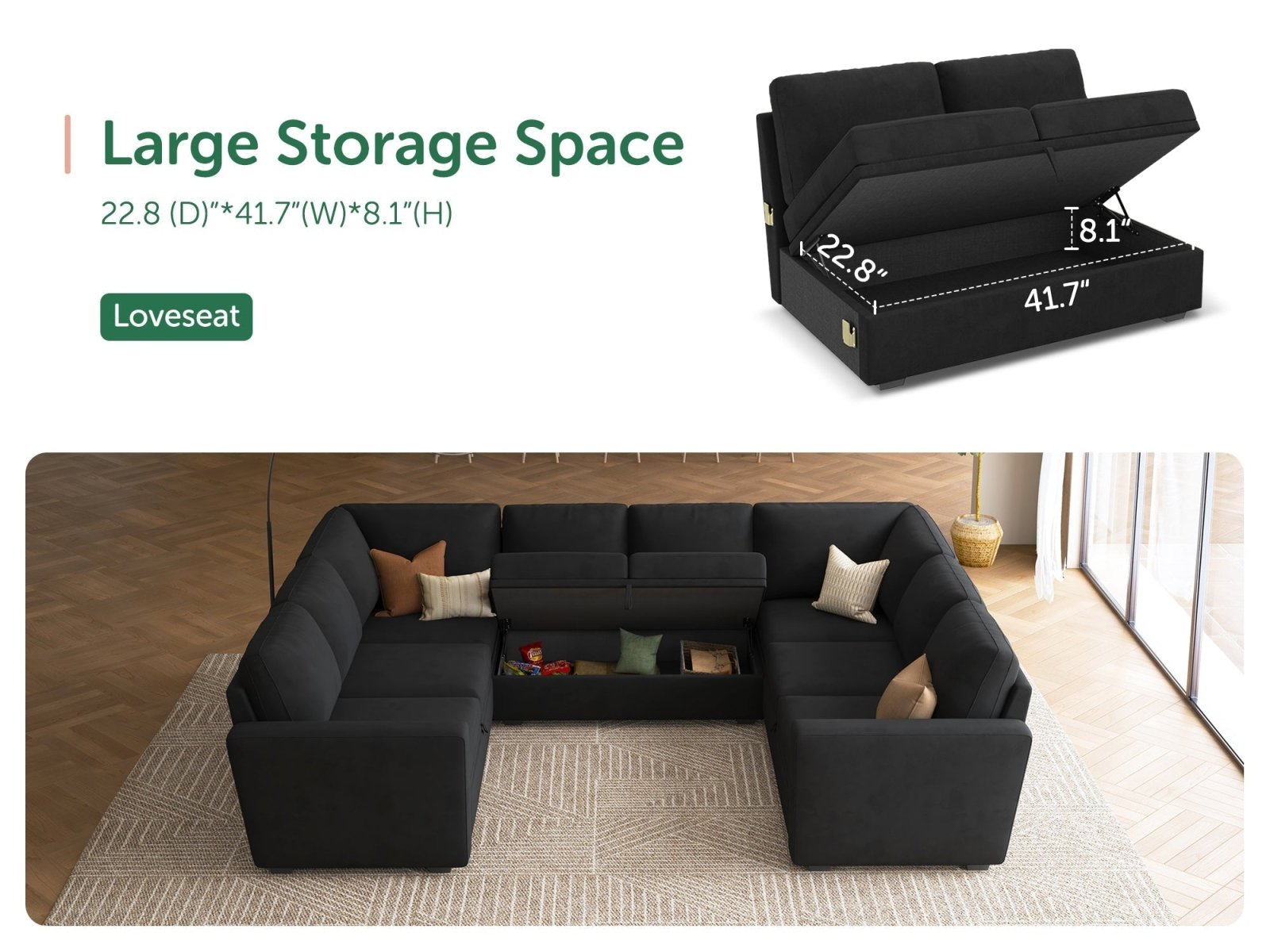 HONBAY 8-Piece Velvet Modular Sleeper Sectional With 2 Storage Spaces #Color_Black Style I