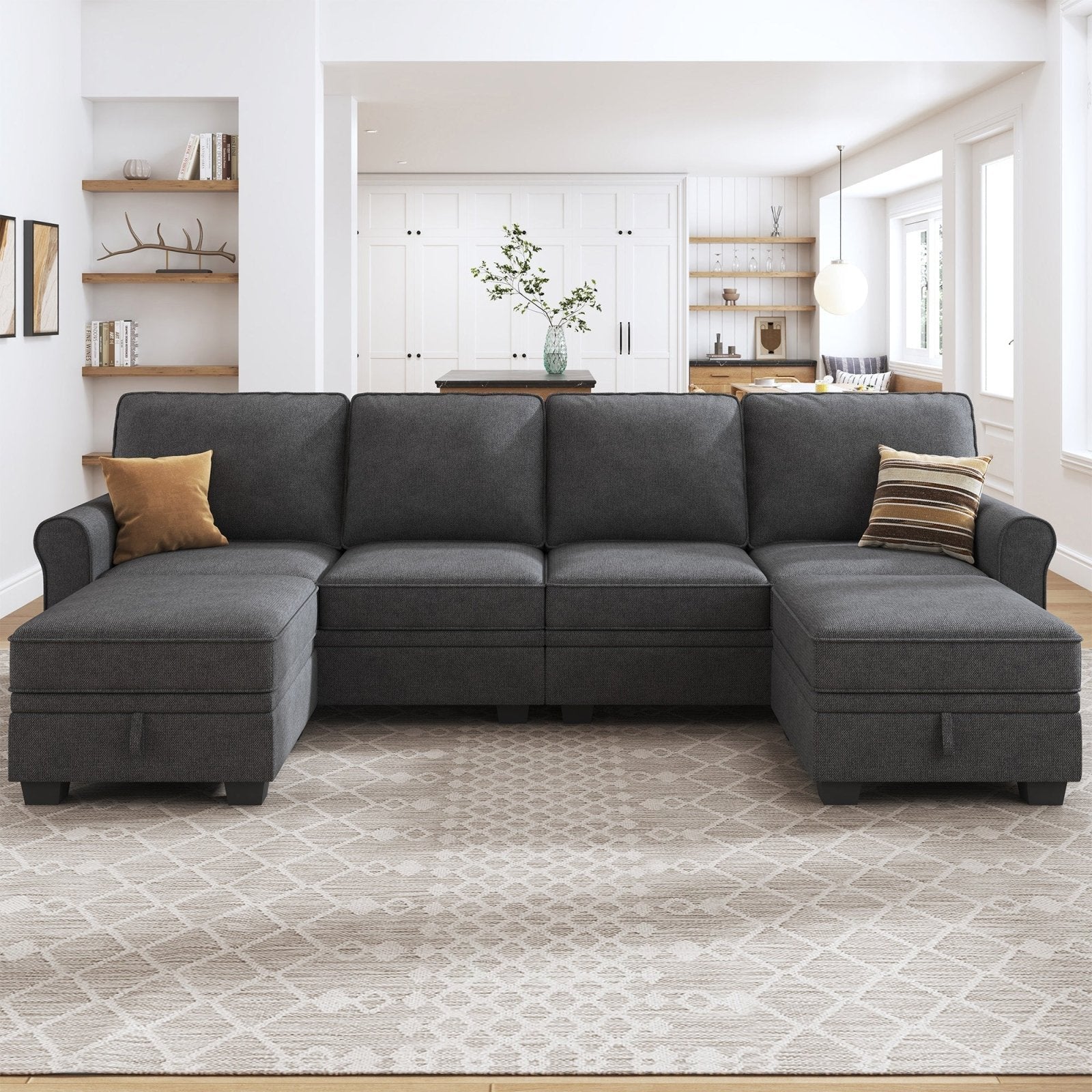 HONBAY Modern Storage Sectional Sofa Couch U-Shaped with Storage Ottomans for Living Room Furniture Sets, Light Grey