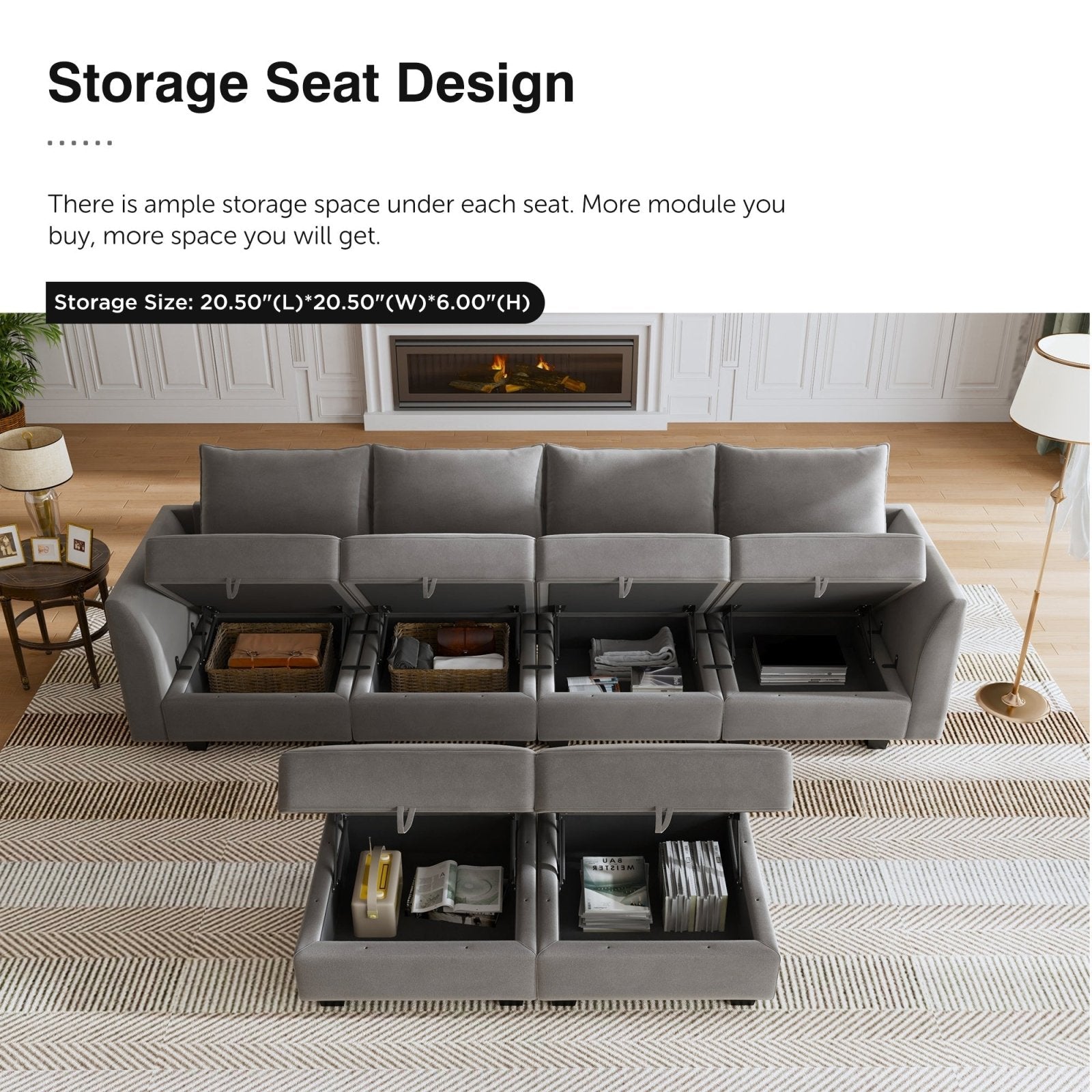 HONBAY Modern Velvet Sectional Sofa Couch with Reversible Chaise and Storage Ottomans for Living Room, Grey