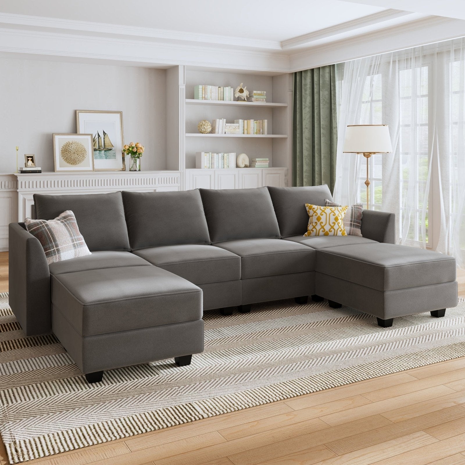 HONBAY Modern Velvet Sectional Sofa Couch with Reversible Chaise and Storage Ottomans for Living Room, Grey