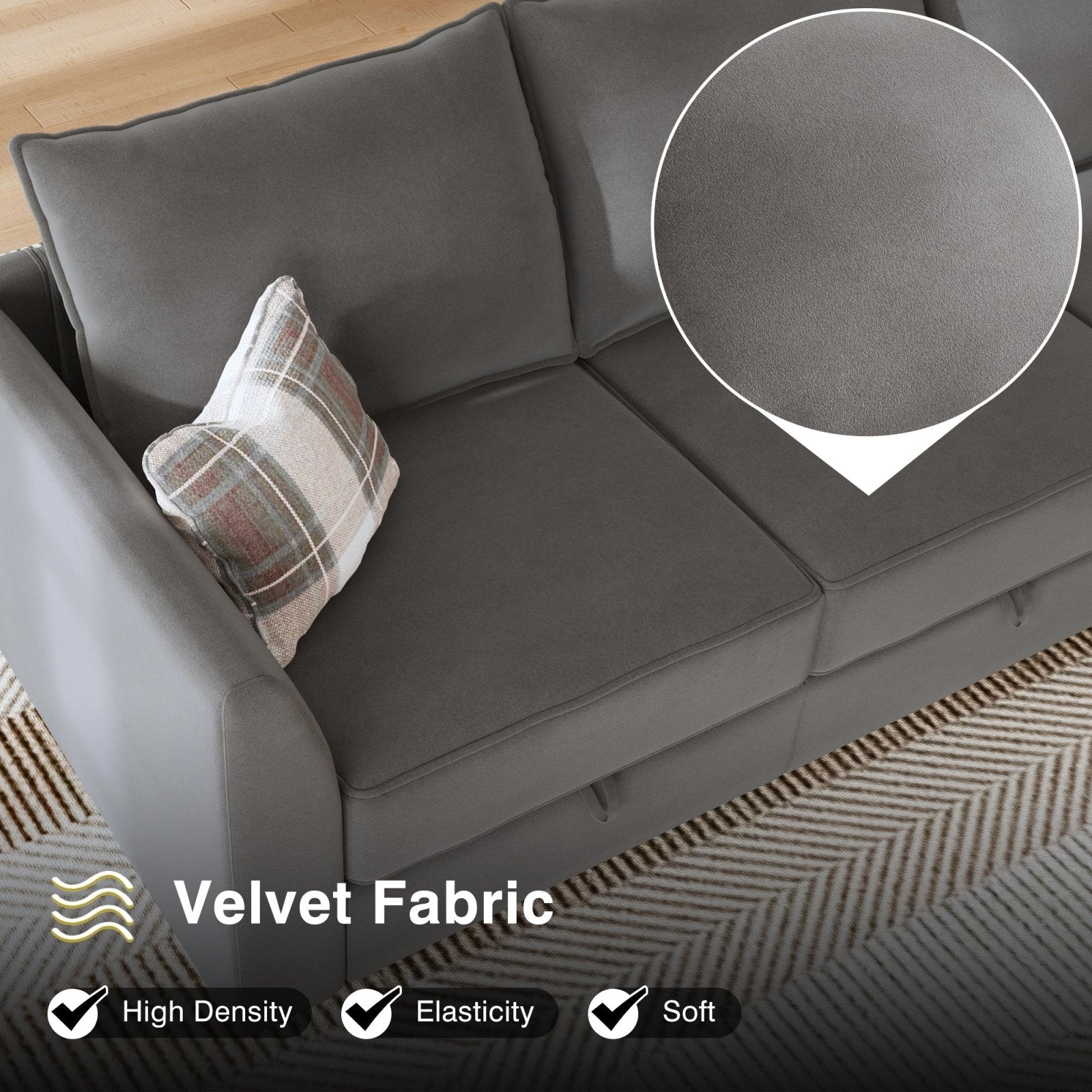 HONBAY Modern Velvet Sectional Sofa Couch with Reversible Chaise and Storage Ottomans for Living Room, Grey