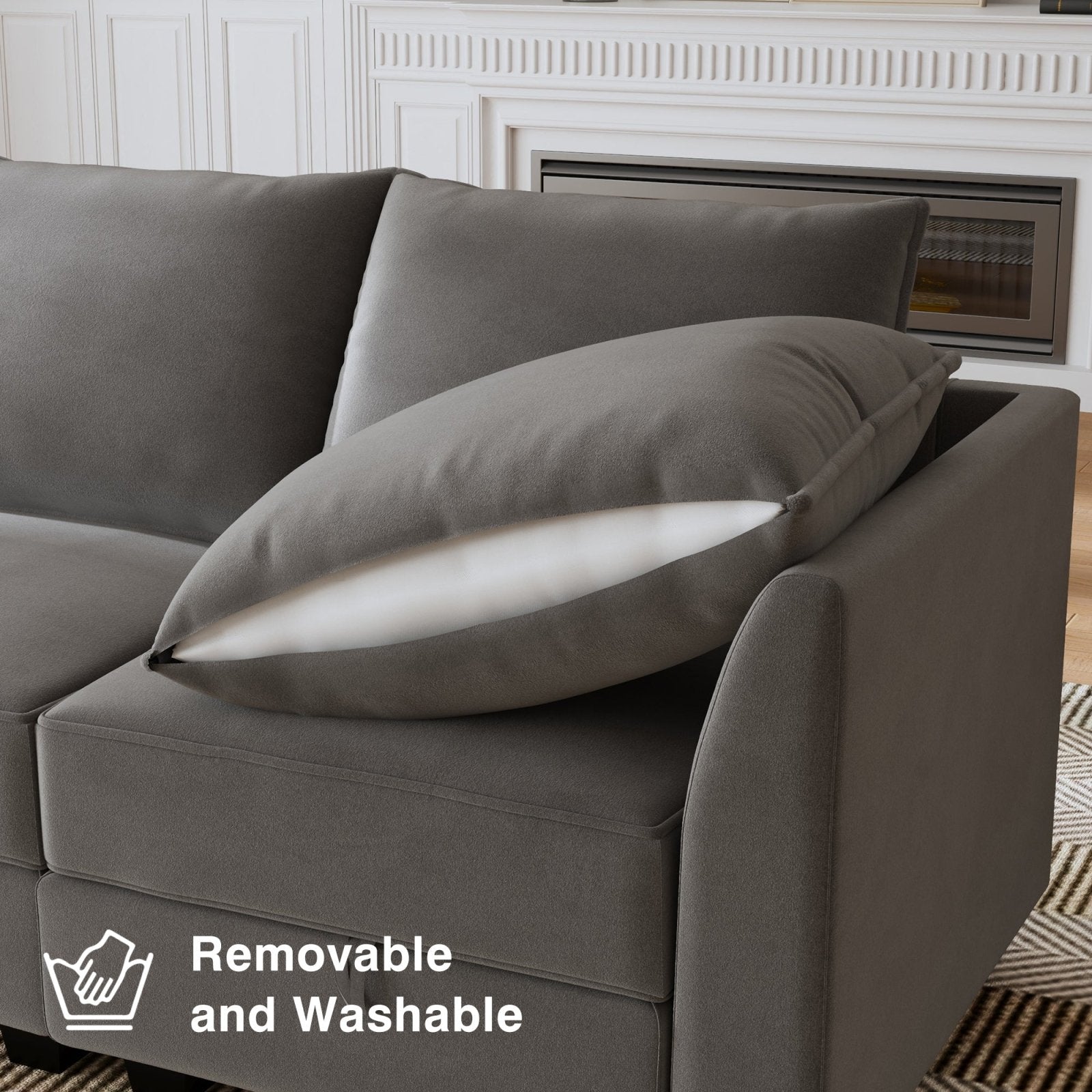 HONBAY Modern Velvet Sectional Sofa Couch with Reversible Chaise and Storage Ottomans for Living Room, Grey