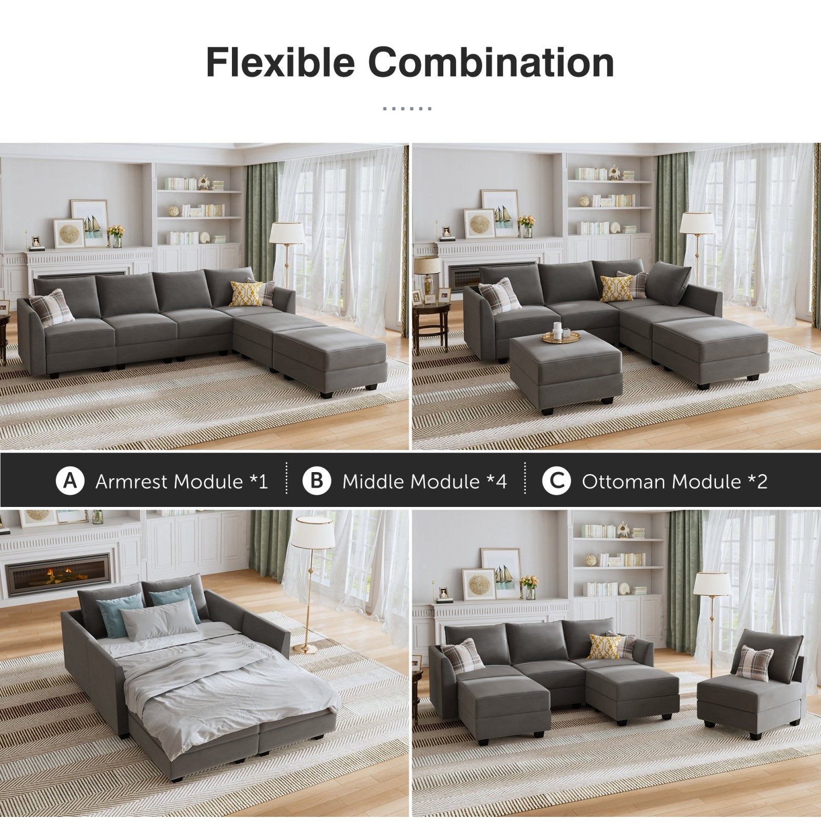 HONBAY Modern Velvet Sectional Sofa Couch with Reversible Chaise and Storage Ottomans for Living Room, Grey