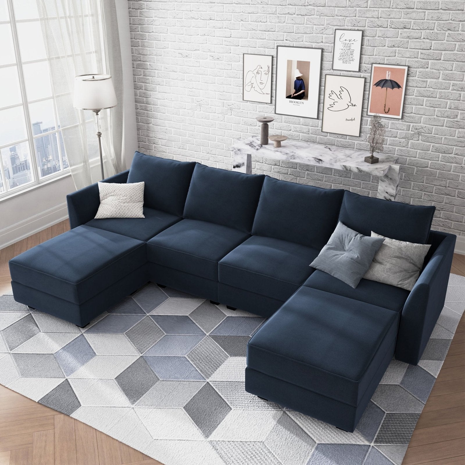 HONBAY Velvet 4 Seaters Modular Sectional Sofa with 2 Ottomans