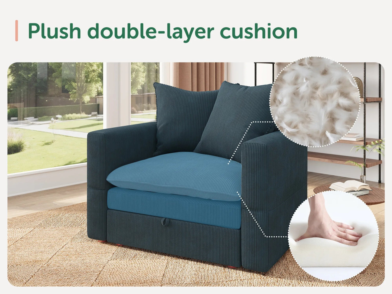 HONBAY Plush Double-Layer Cushion Corduroy Modular Armchair
#Color_Corduroy Blue